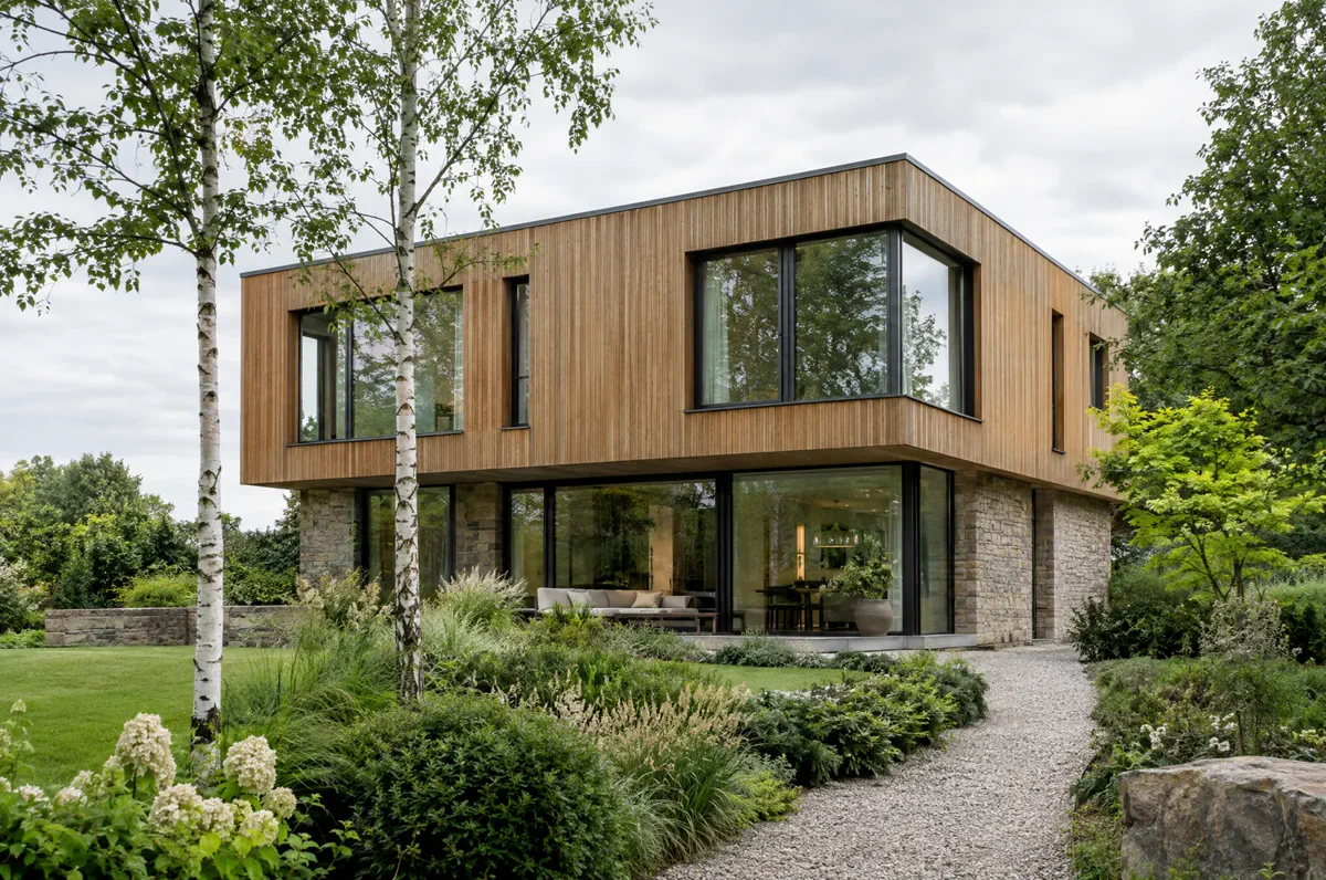 Architekturvisualisierung eines Einfamilienhauses mit Holzfassade