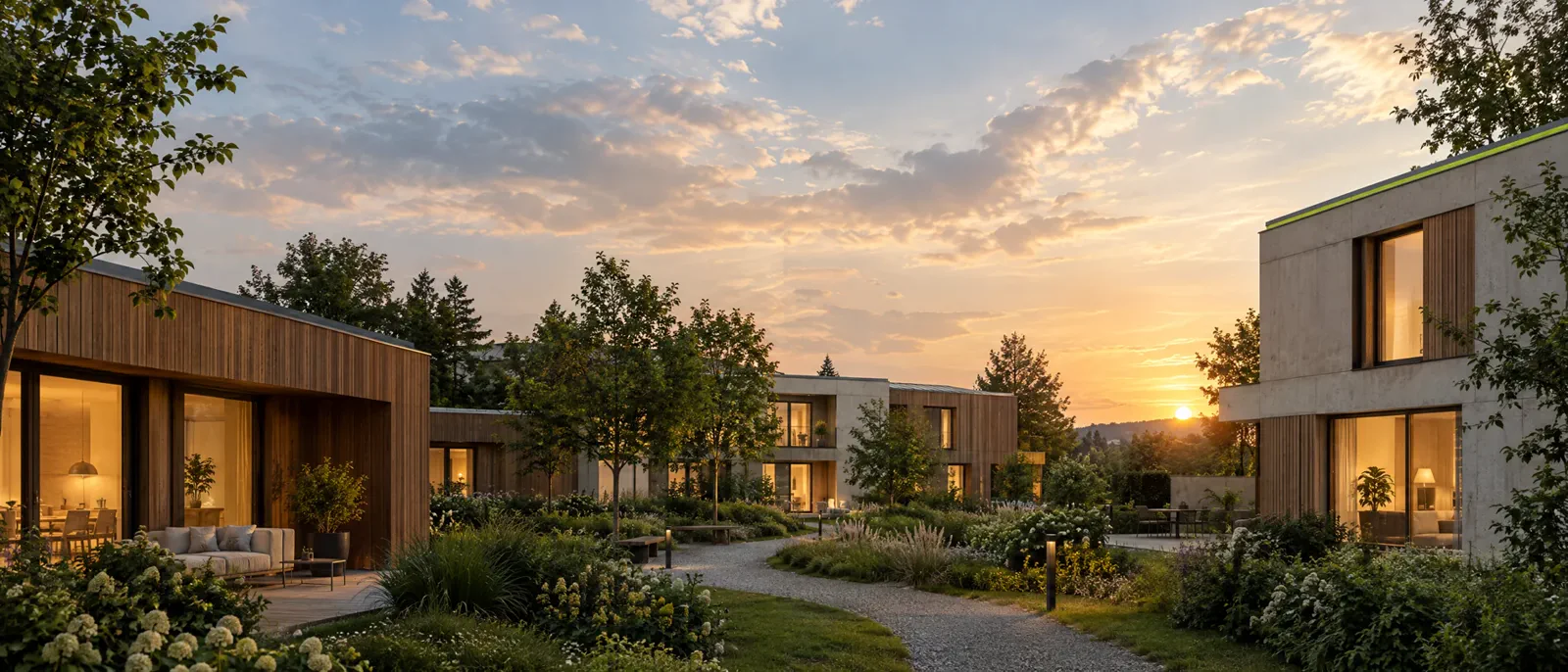 Architekturvisualisierung eines nachhaltigen Wohnensembles