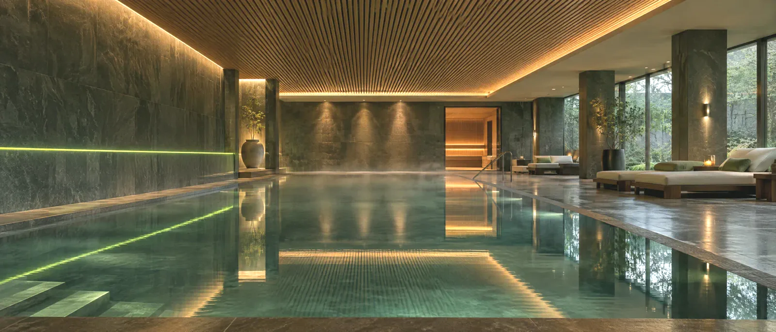 Visualisierung eines hochwertigen Indoor-Pools mit Naturstein und warmem Licht